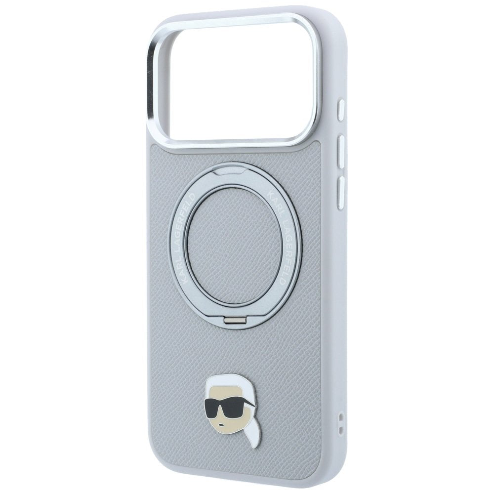 Karl Lagerfeld ar gredzena turētāju 360 Karl Head Pin MagSafe vāciņu iPhone 18 Pro / 17 Pro, pelēks
