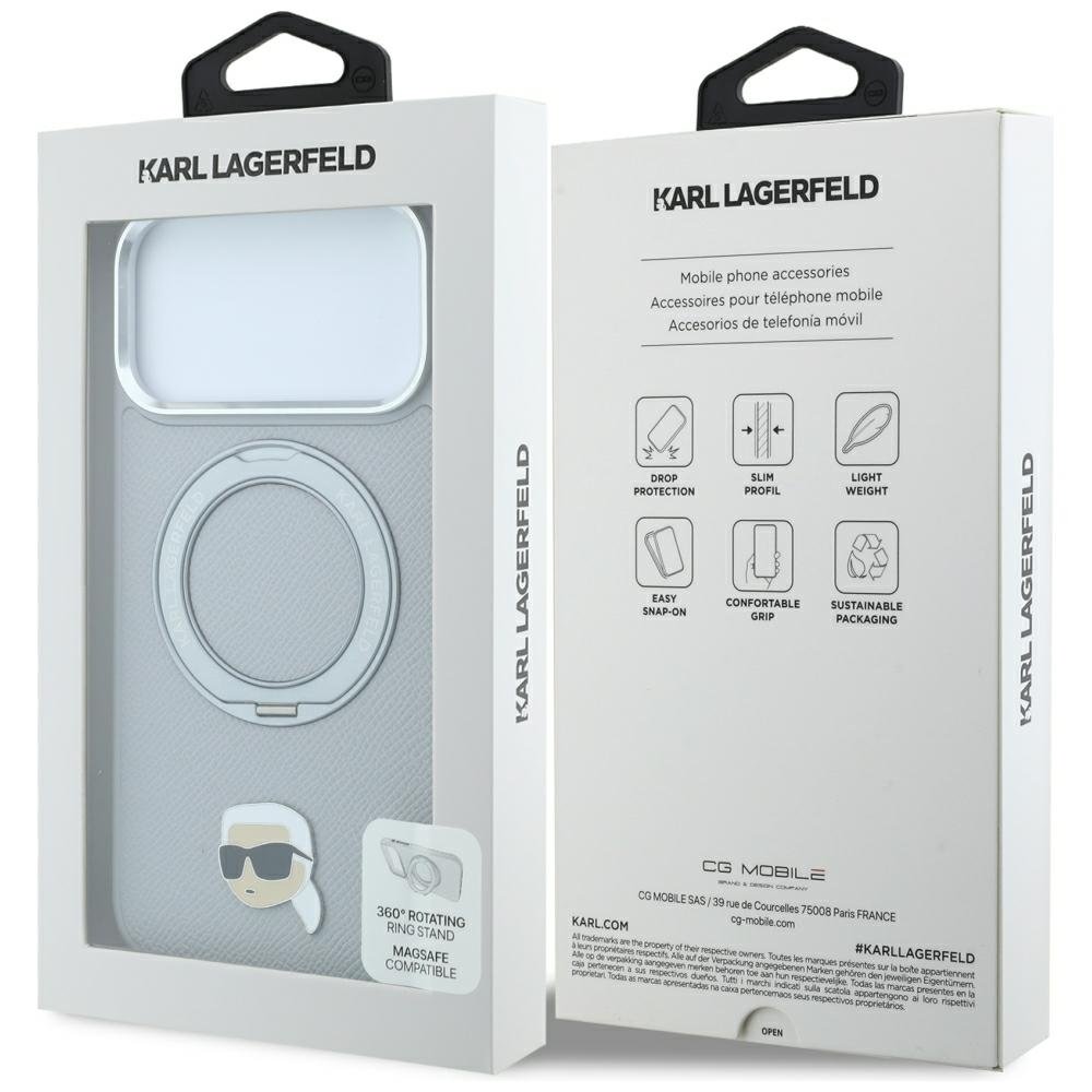 Karl Lagerfeld ar gredzena turētāju 360 Karl Head Pin MagSafe vāciņu iPhone 18 Pro / 17 Pro, pelēks