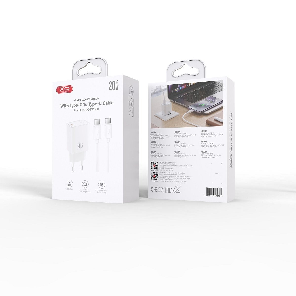 XO sienas lādētājs CE51 PD 20 W, 1x USB-C (balts) + USB-C, USB-C kabelis