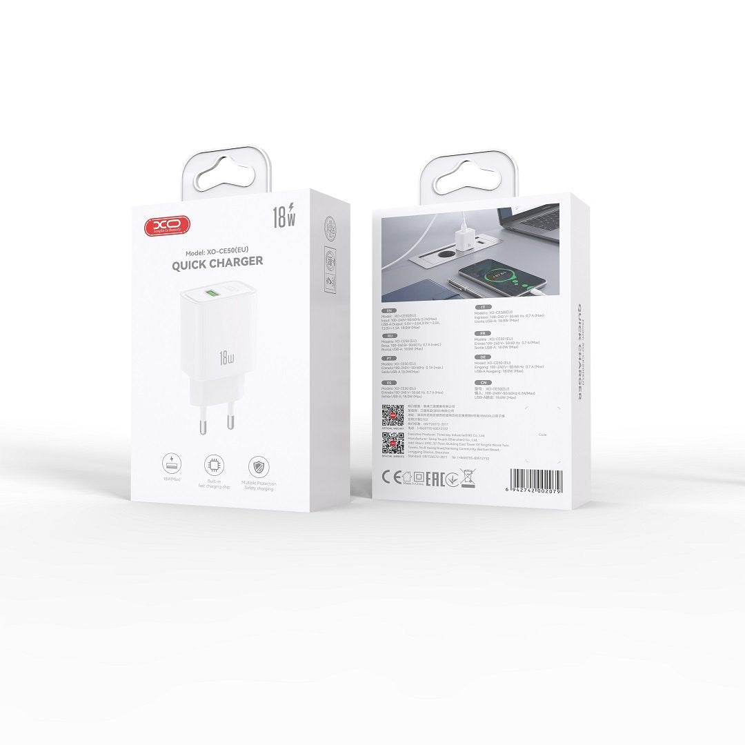 XO sienas lādētājs CE50 QC 18 W, 1x USB, balts
