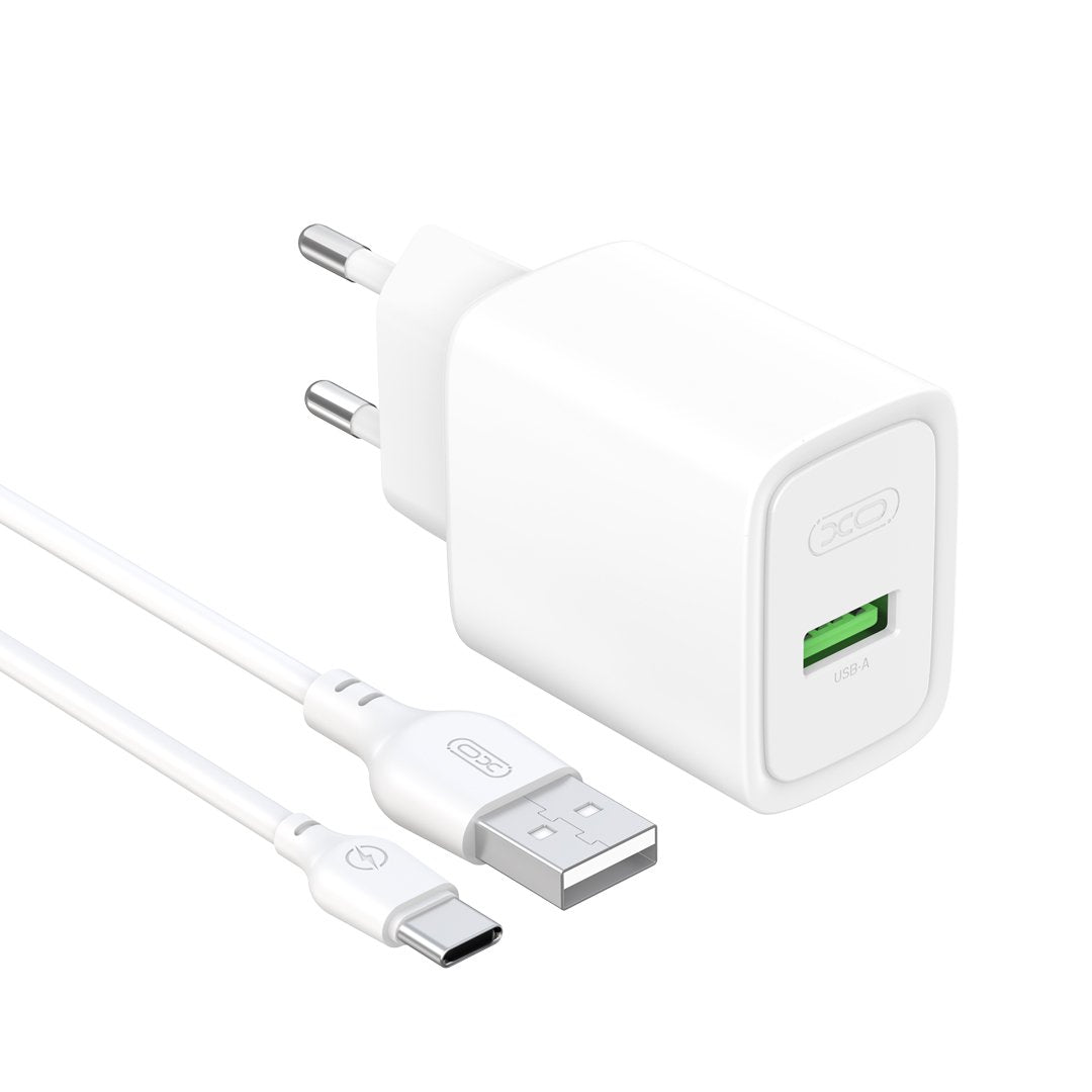 XO sienas lādētājs CE50 QC 18 W, 1x USB, balts + USB-C kabelis