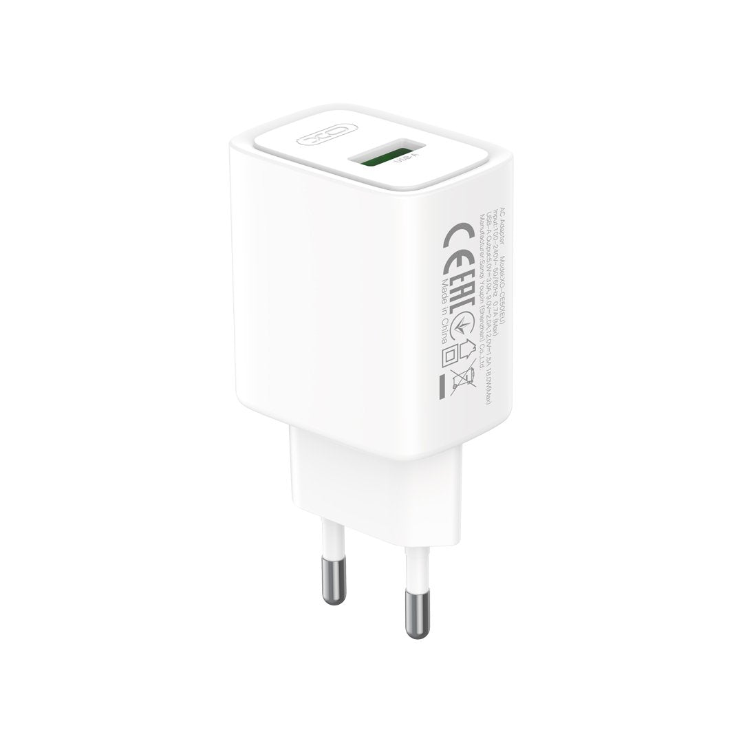 XO sienas lādētājs CE50 QC 18 W, 1x USB, balts + USB-C kabelis