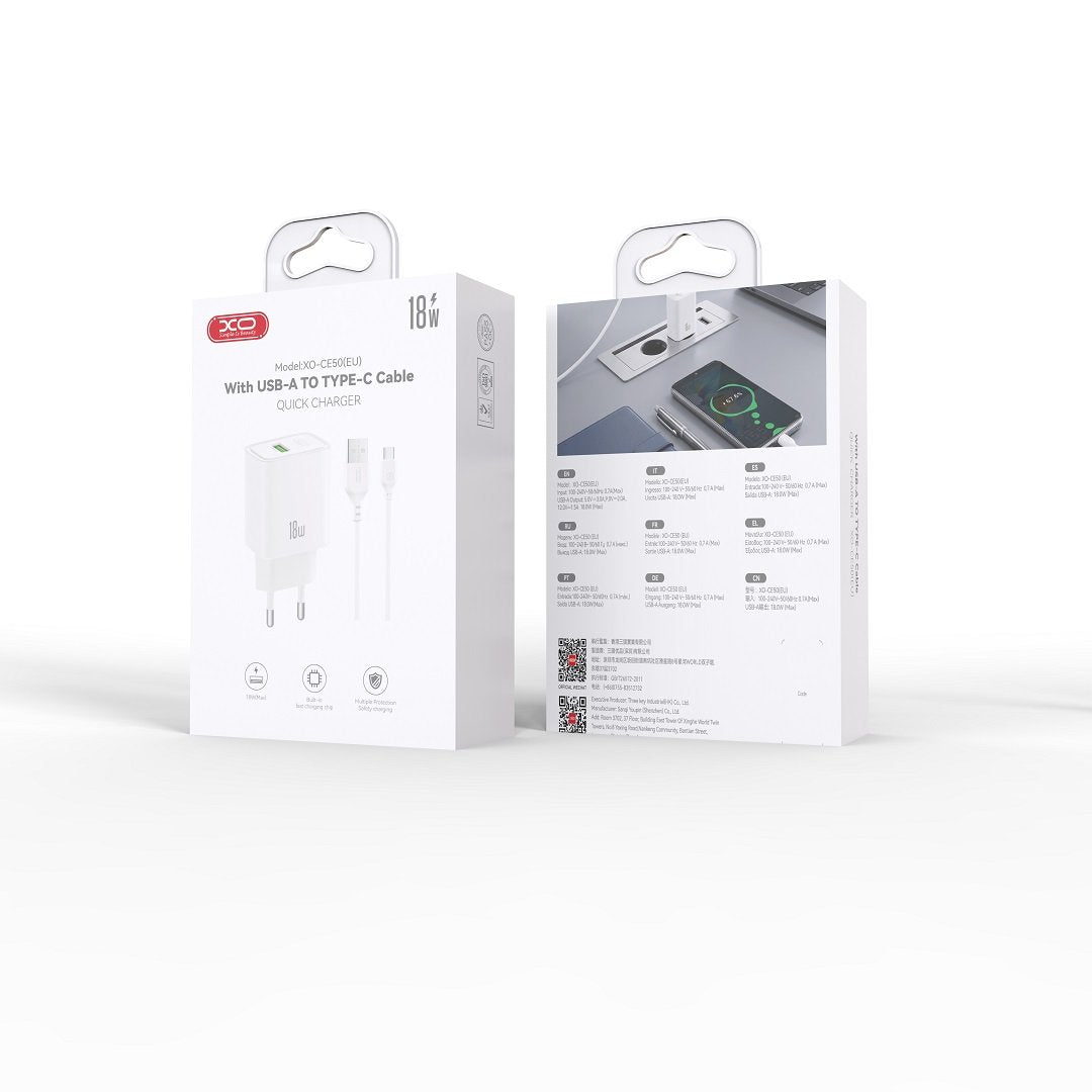 XO sienas lādētājs CE50 QC 18 W, 1x USB, balts + USB-C kabelis