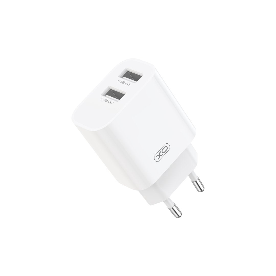 XO sienas lādētājs CE55 ar 2 USB pieslēgvietām, 2,4 A, balts