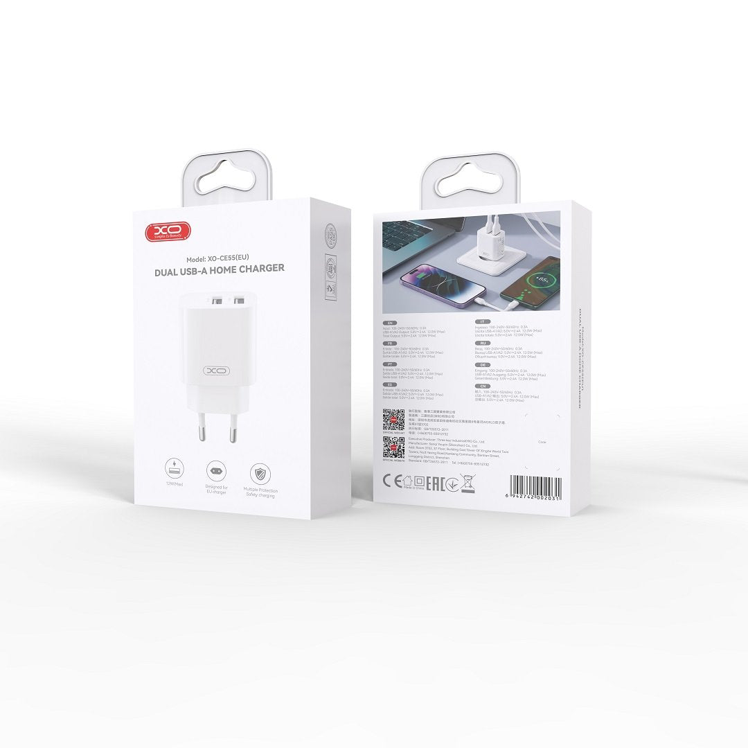 XO sienas lādētājs CE55 ar 2 USB pieslēgvietām, 2,4 A, balts