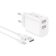 XO sienas lādētājs CE55 ar 2 USB pieslēgvietām (2,4 A), balts + Lightning kabelis