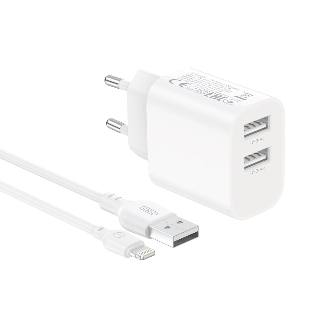 XO sienas lādētājs CE55 ar 2 USB pieslēgvietām (2,4 A), balts + Lightning kabelis