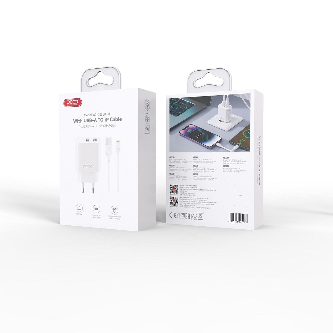 XO sienas lādētājs CE55 ar 2 USB pieslēgvietām (2,4 A), balts + Lightning kabelis