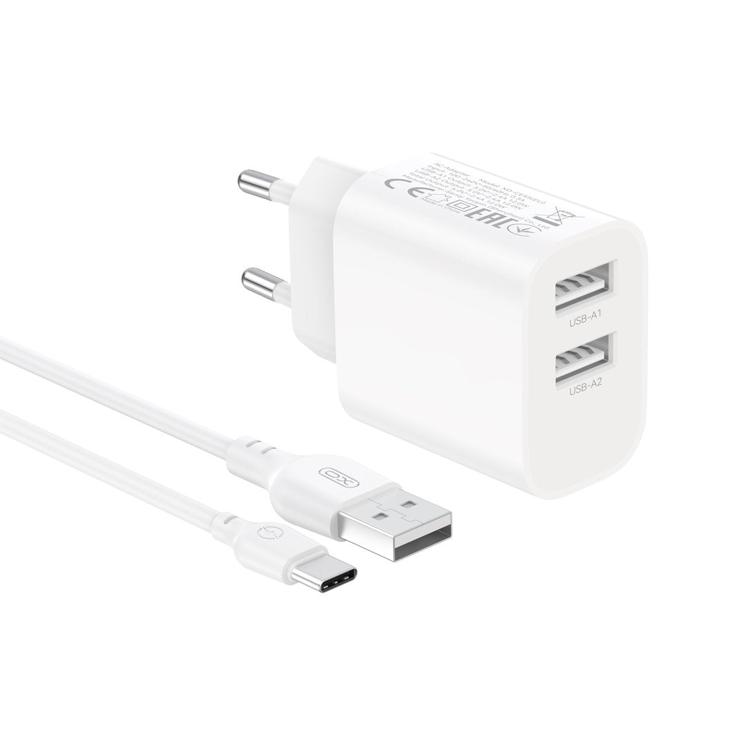 XO sienas lādētājs CE55 ar 2 USB pieslēgvietām (2,4 A), balts + USB-C kabelis
