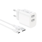 XO sienas lādētājs CE55 ar 2 USB pieslēgvietām (2,4 A), balts + USB-C kabelis
