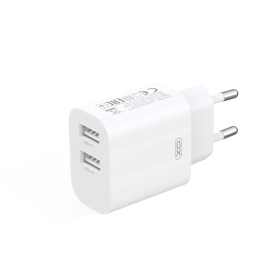 XO sienas lādētājs CE55 ar 2 USB pieslēgvietām (2,4 A), balts + USB-C kabelis