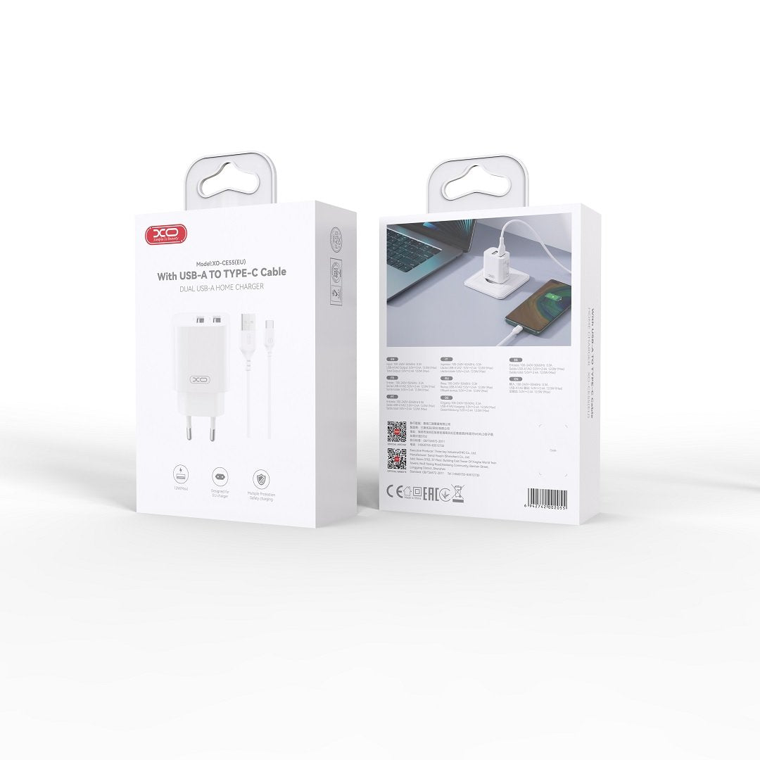 XO sienas lādētājs CE55 ar 2 USB pieslēgvietām (2,4 A), balts + USB-C kabelis