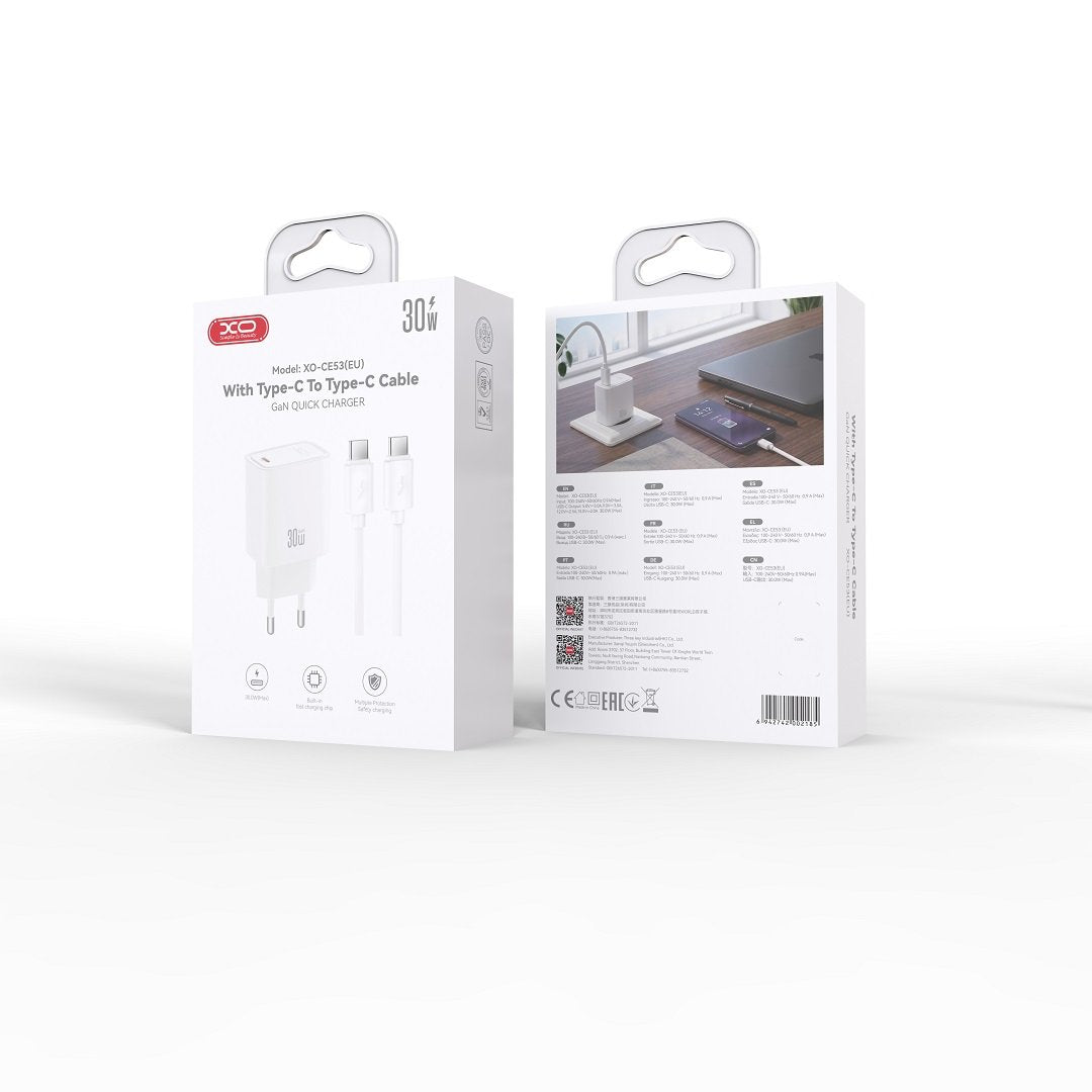 XO sienas lādētājs CE53 PD 30 W, 1x USB-C (balts) + USB-C, USB-C kabelis