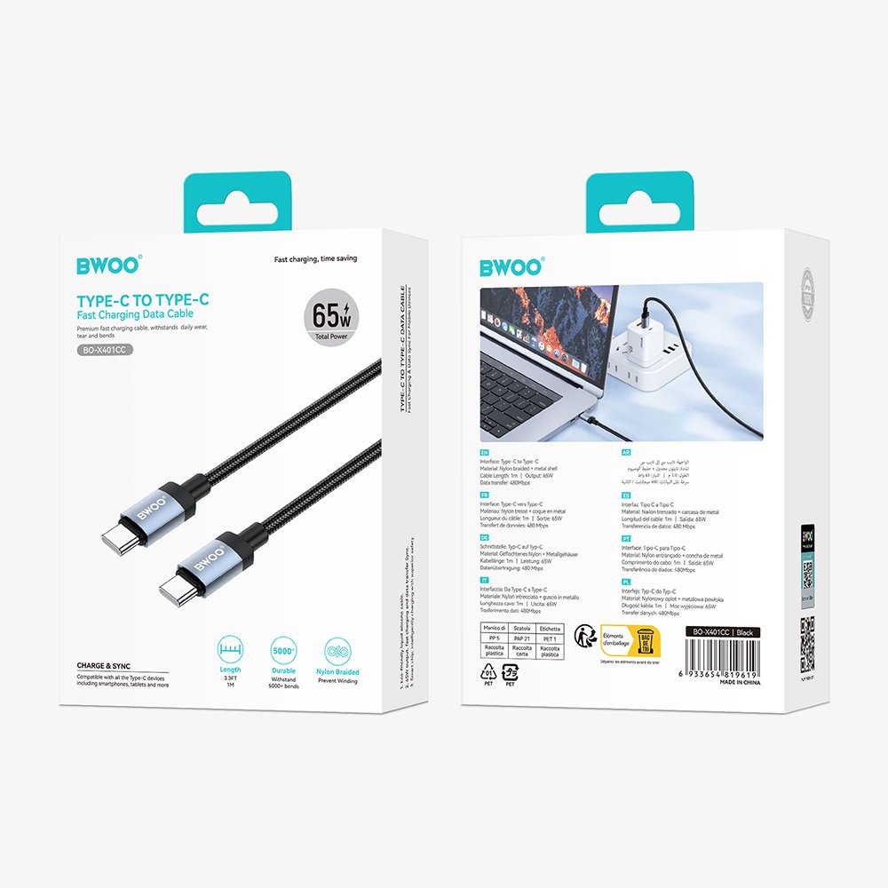 BWOO BO-X401CC braided cable USB-C - USB-C 1m PD 65W black
