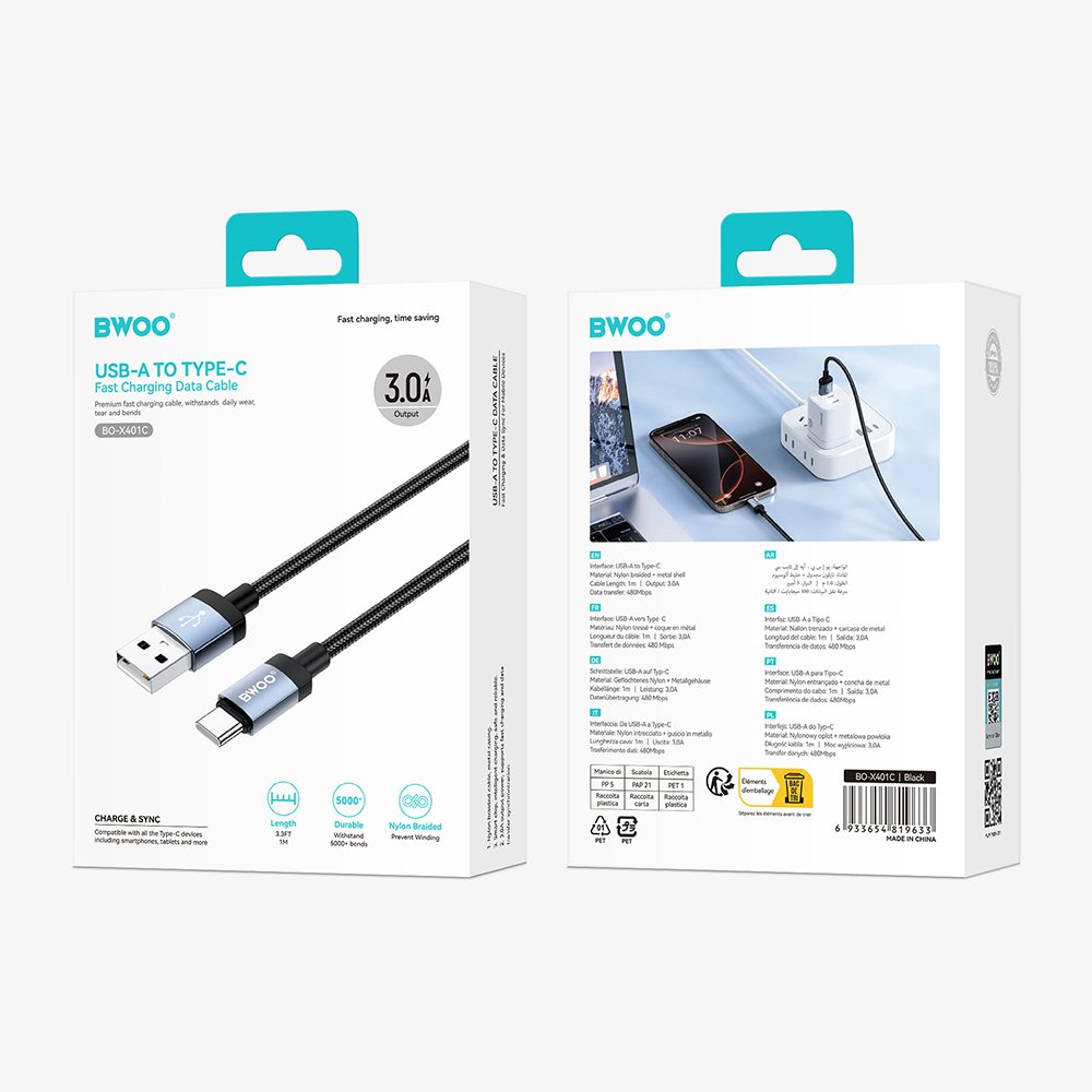 BWOO BO-X401C braided cable USB-A - USB-C 1m Fast Charging 3A black