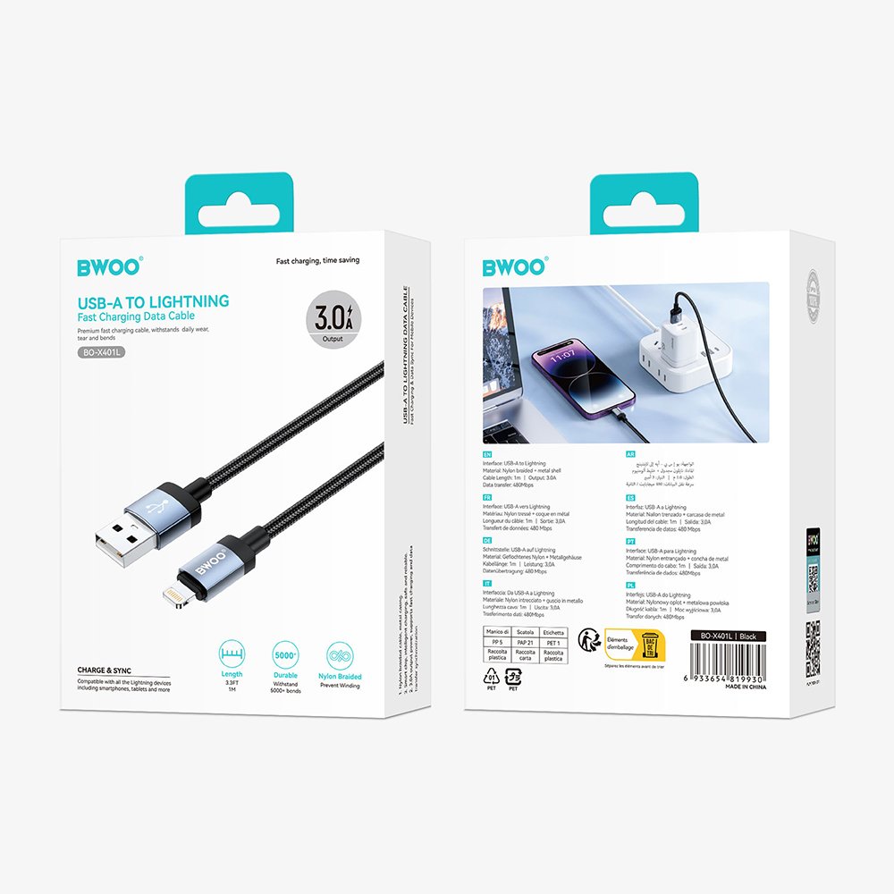 BWOO BO-X401L braided cable USB-A - Lightning 1m Fast Charging 3A black