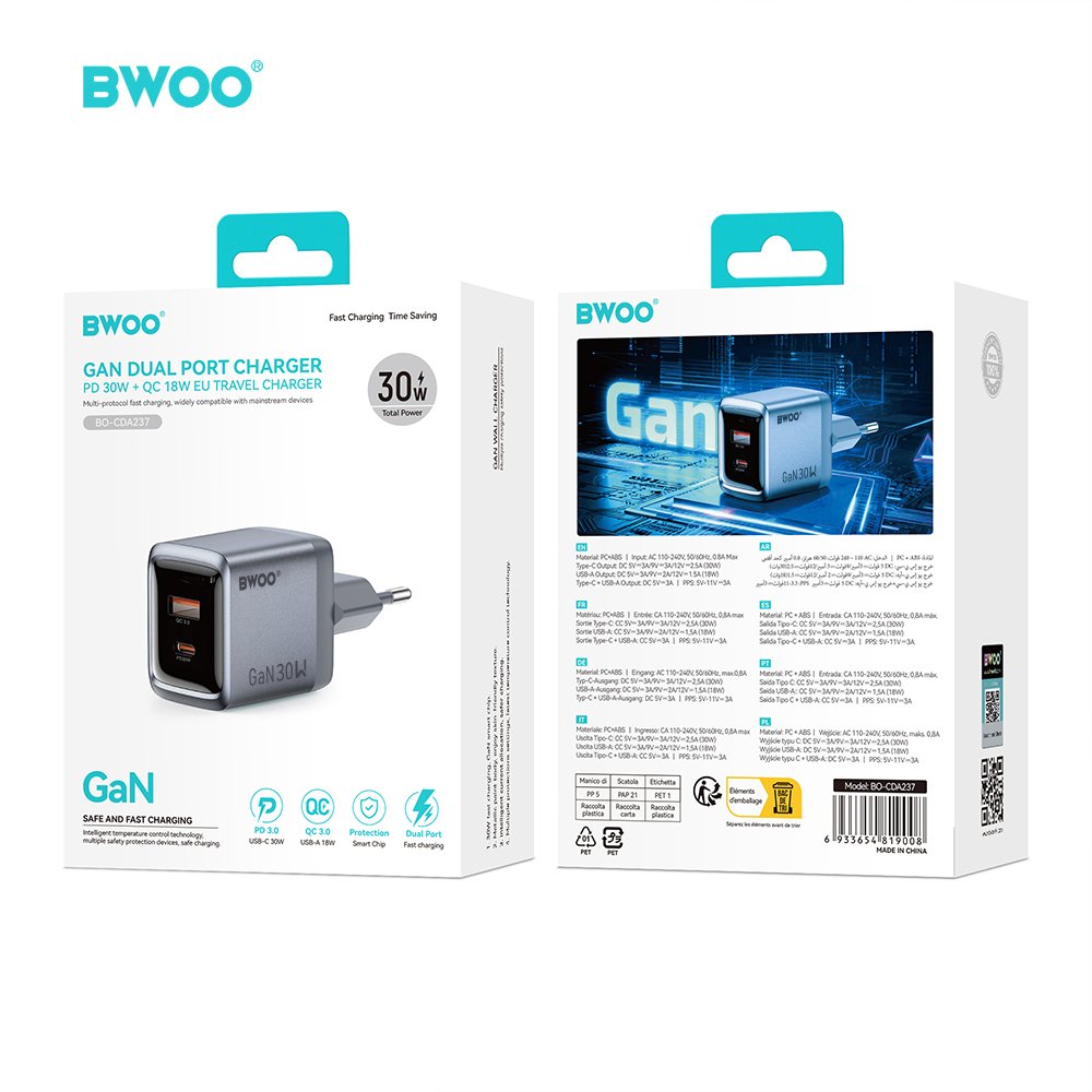 BWOO BO-CDA237 wall charger 1xUSB-A + 1xUSB-C 3A PD 30W + QC 18W grey with PPS