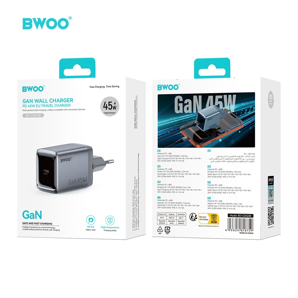 BWOO BO-CDA238 wall charger 1xUSB-C 3A PD 45W grey with PPS