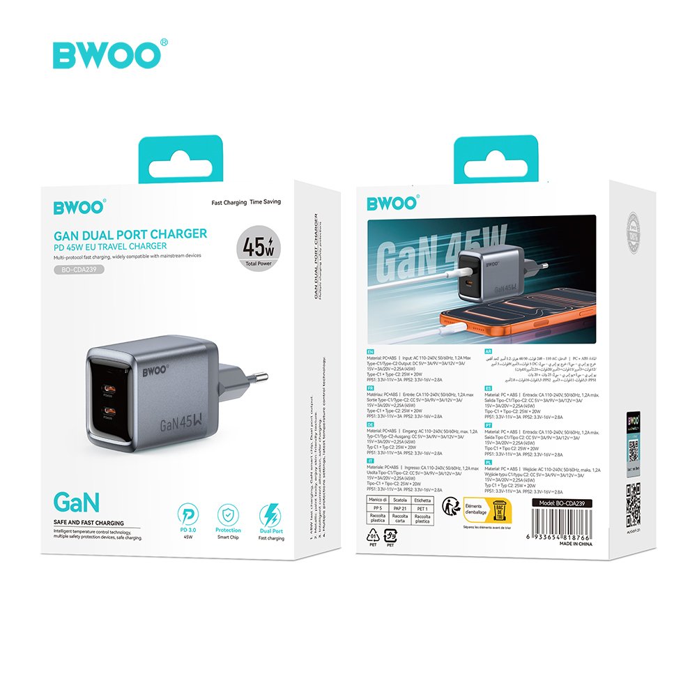 BWOO BO-CDA239 wall charger 2xUSB-C 3A PD 45W grey with PPS