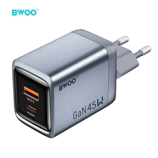 BWOO BO-CDA240 wall charger 1xUSB-A + 1xUSB-C 3A PD 45W + QC 18W grey with PPS
