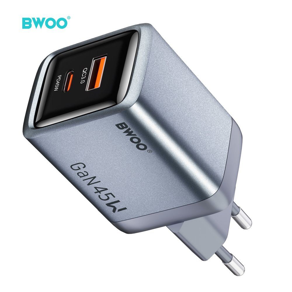 BWOO BO-CDA240 wall charger 1xUSB-A + 1xUSB-C 3A PD 45W + QC 18W grey with PPS