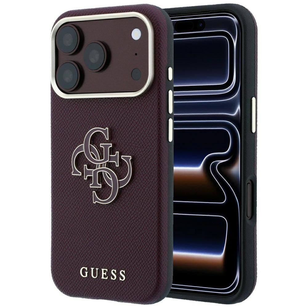 Guess vāciņš ar graudainu tekstūru un lielu logotipu no sveķiem iPhone 18 Pro / 17 Pro, bordo krāsā