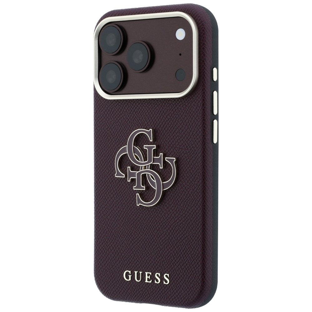 Guess vāciņš ar graudainu tekstūru un lielu logotipu no sveķiem iPhone 18 Pro / 17 Pro, bordo krāsā