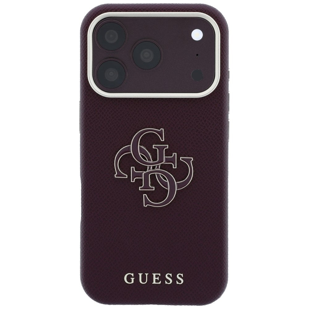 Guess vāciņš ar graudainu tekstūru un lielu logotipu no sveķiem iPhone 18 Pro / 17 Pro, bordo krāsā