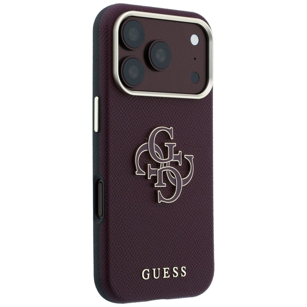 Guess vāciņš ar graudainu tekstūru un lielu logotipu no sveķiem iPhone 18 Pro / 17 Pro, bordo krāsā