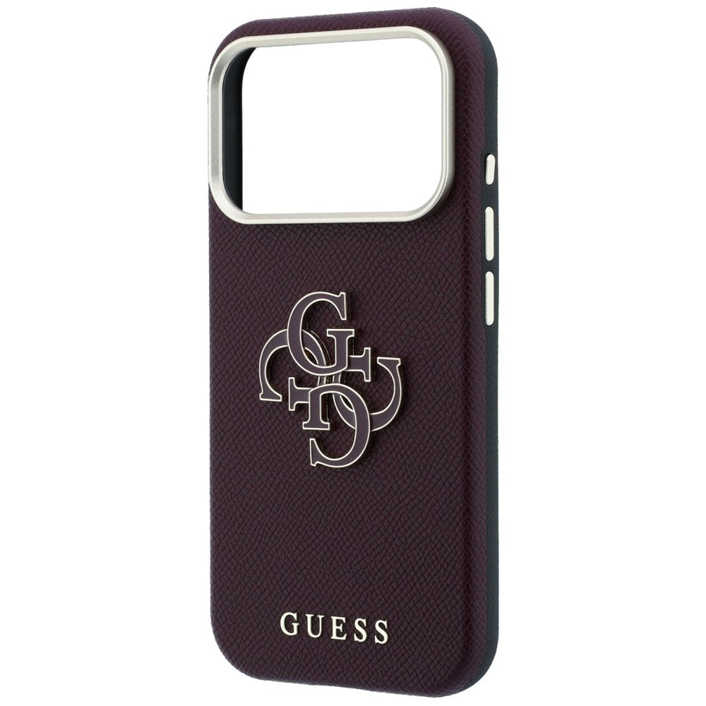 Guess vāciņš ar graudainu tekstūru un lielu logotipu no sveķiem iPhone 18 Pro / 17 Pro, bordo krāsā