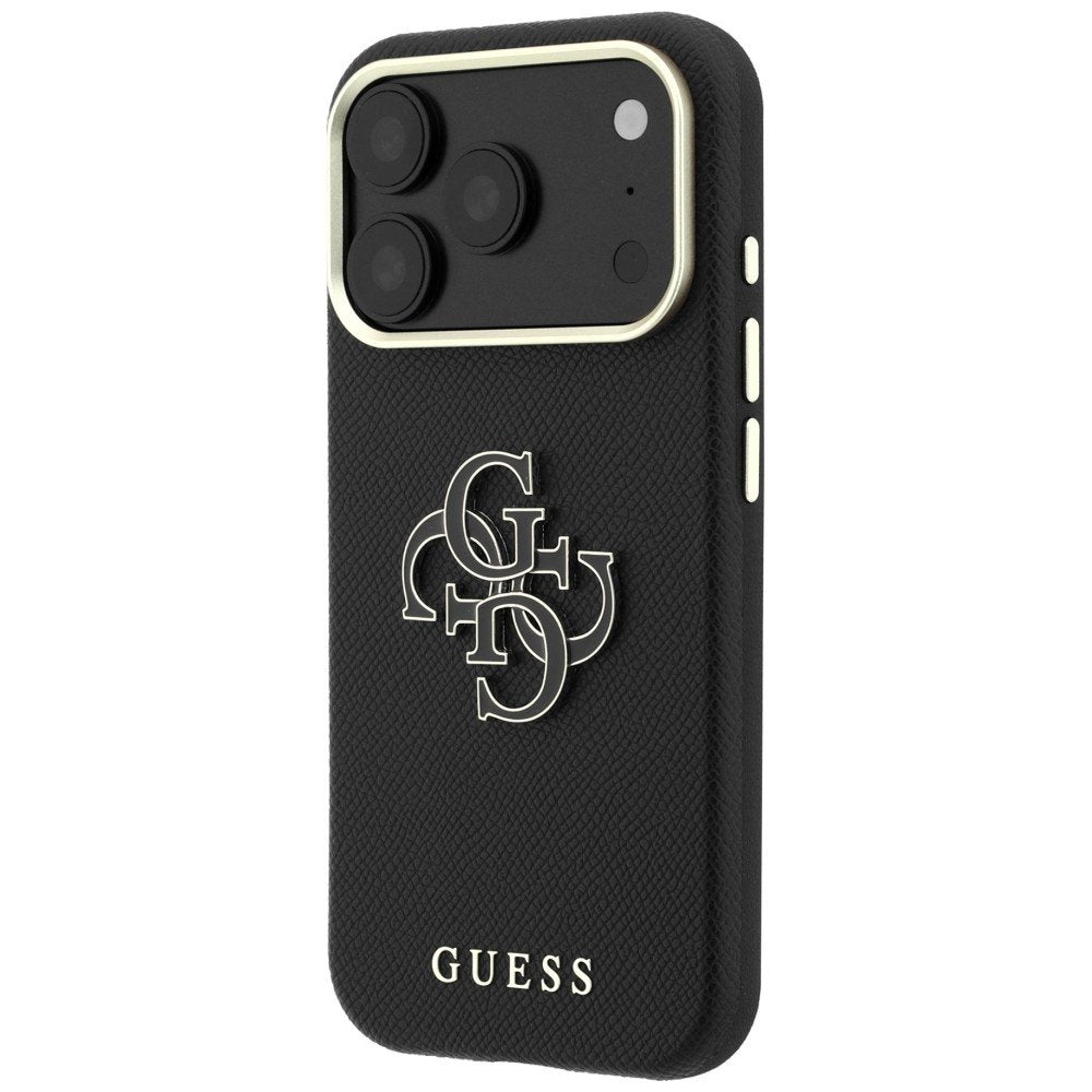 Guess vāciņš ar teksturētu virsmu un lielu logotipu no sveķiem iPhone 18 Pro / 17 Pro, melns