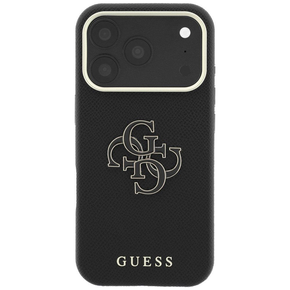 Guess vāciņš ar teksturētu virsmu un lielu logotipu no sveķiem iPhone 18 Pro / 17 Pro, melns