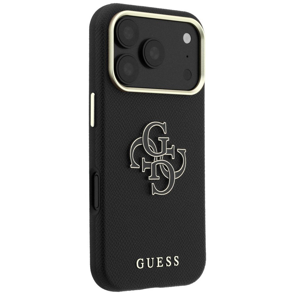 Guess vāciņš ar teksturētu virsmu un lielu logotipu no sveķiem iPhone 18 Pro / 17 Pro, melns