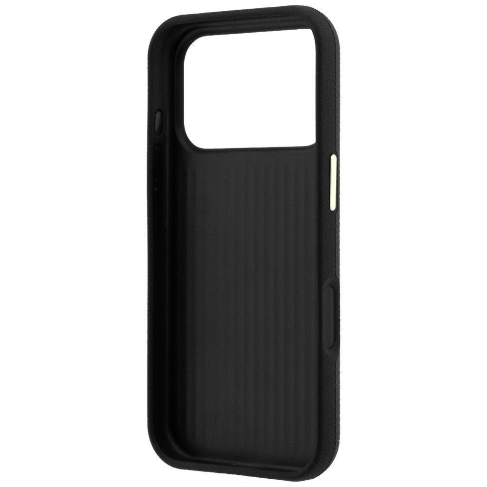 Guess vāciņš ar teksturētu virsmu un lielu logotipu no sveķiem iPhone 18 Pro / 17 Pro, melns