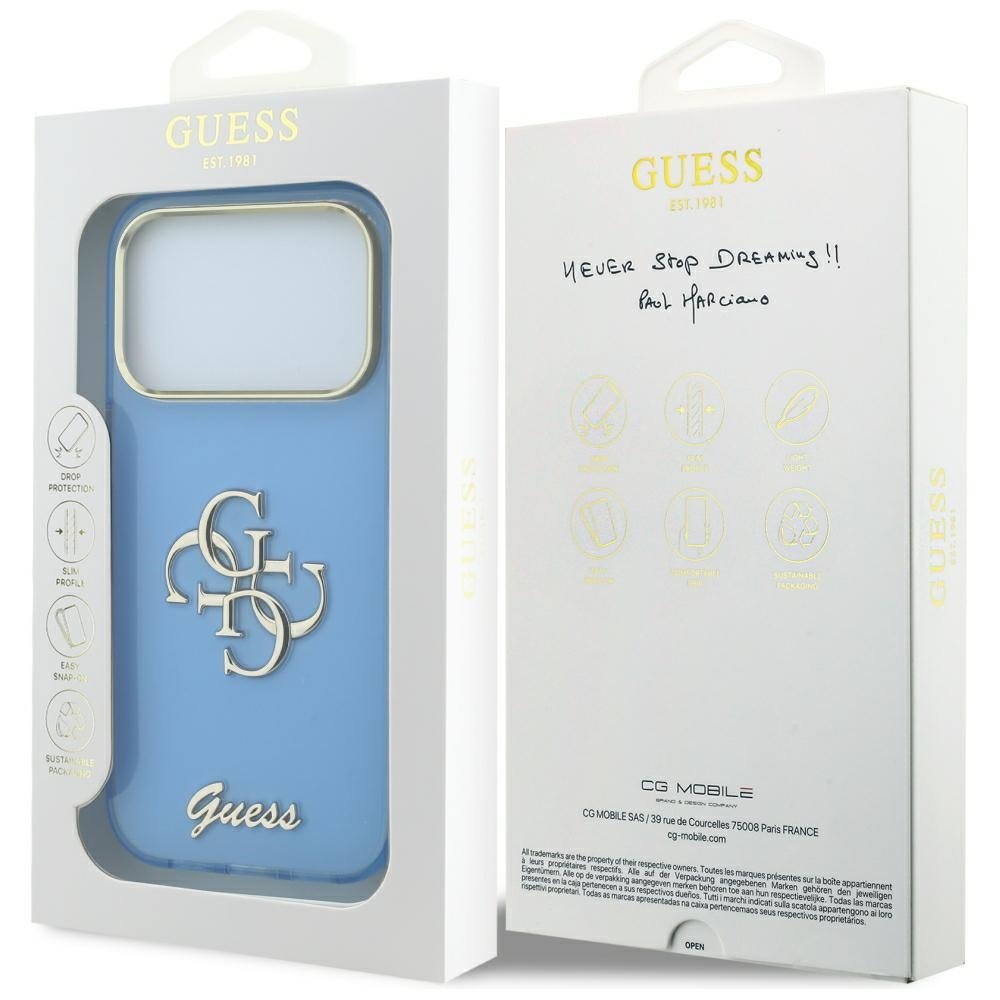 Guess IML 4G Script metāla vāciņš iPhone 18 Pro Max / 17 Pro Max, gaiši zils