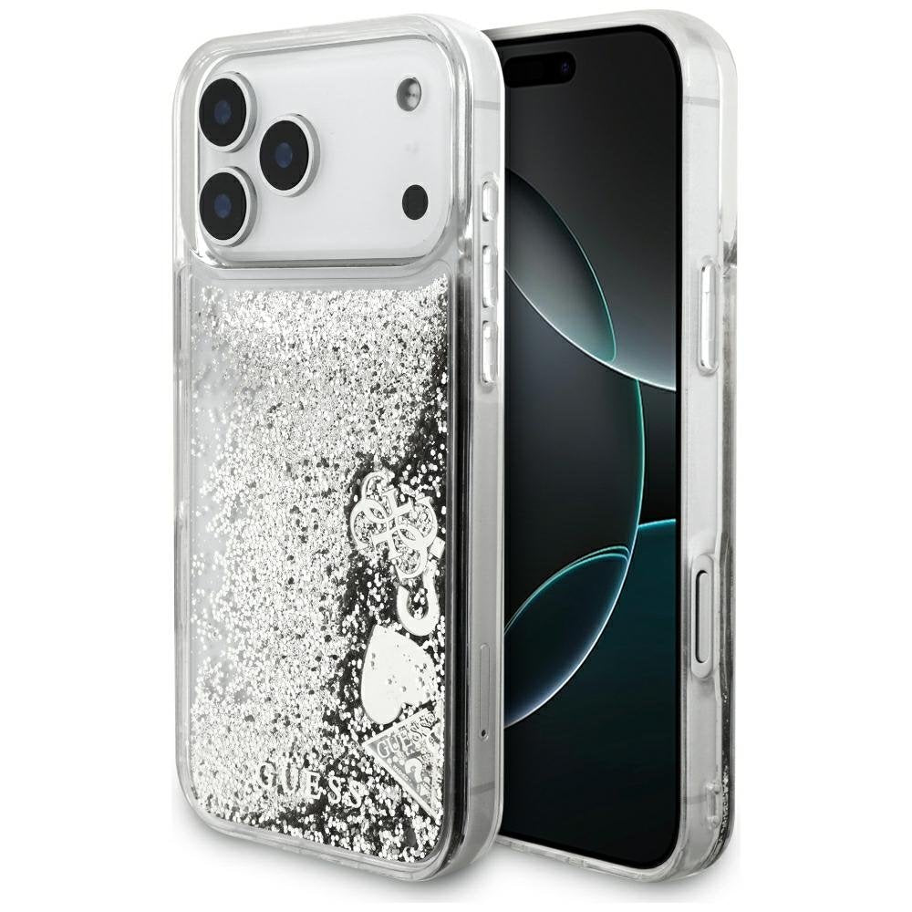 Guess Liquid Glitter 4G piekariņu vāciņš iPhone 18 Pro / 17 Pro, sudraba krāsā