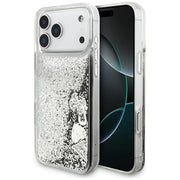 Guess Liquid Glitter 4G piekariņu vāciņš iPhone 18 Pro / 17 Pro, sudraba krāsā
