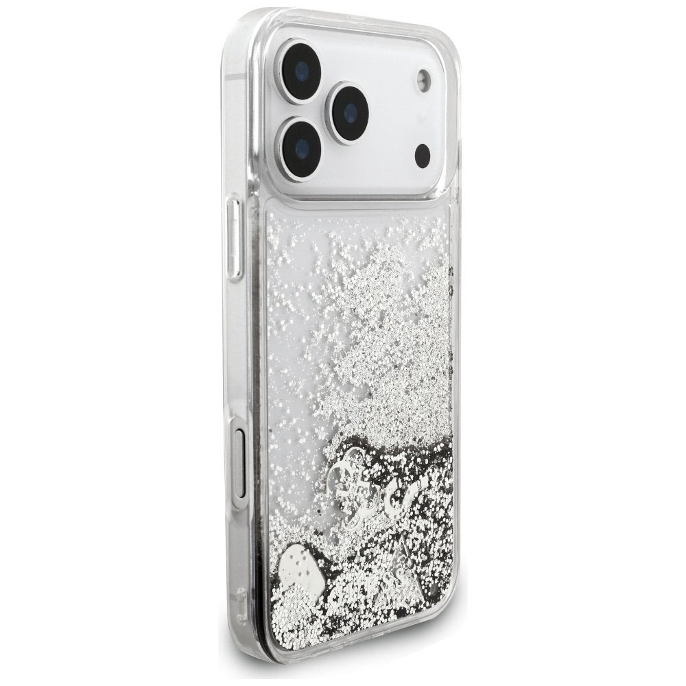 Guess Liquid Glitter 4G piekariņu vāciņš iPhone 18 Pro / 17 Pro, sudraba krāsā