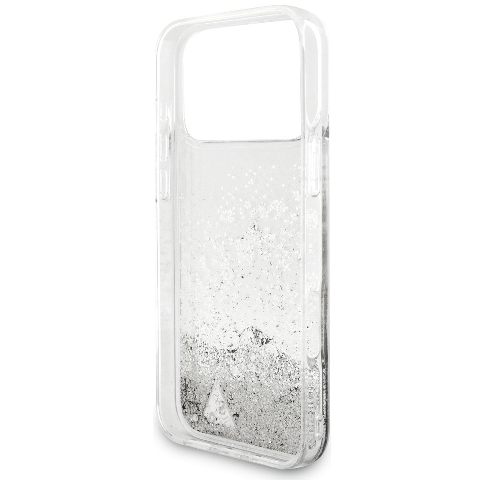 Guess Liquid Glitter 4G piekariņu vāciņš iPhone 18 Pro / 17 Pro, sudraba krāsā