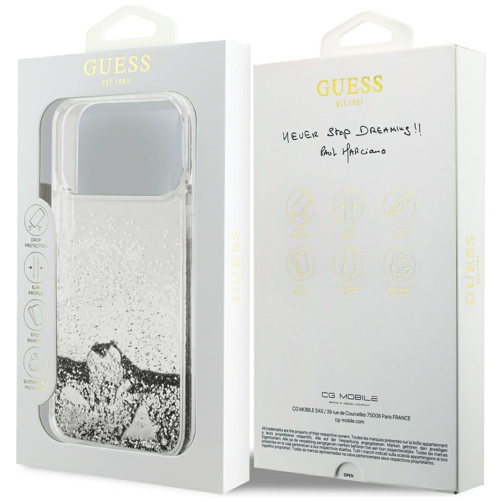 Guess Liquid Glitter 4G piekariņu vāciņš iPhone 18 Pro / 17 Pro, sudraba krāsā