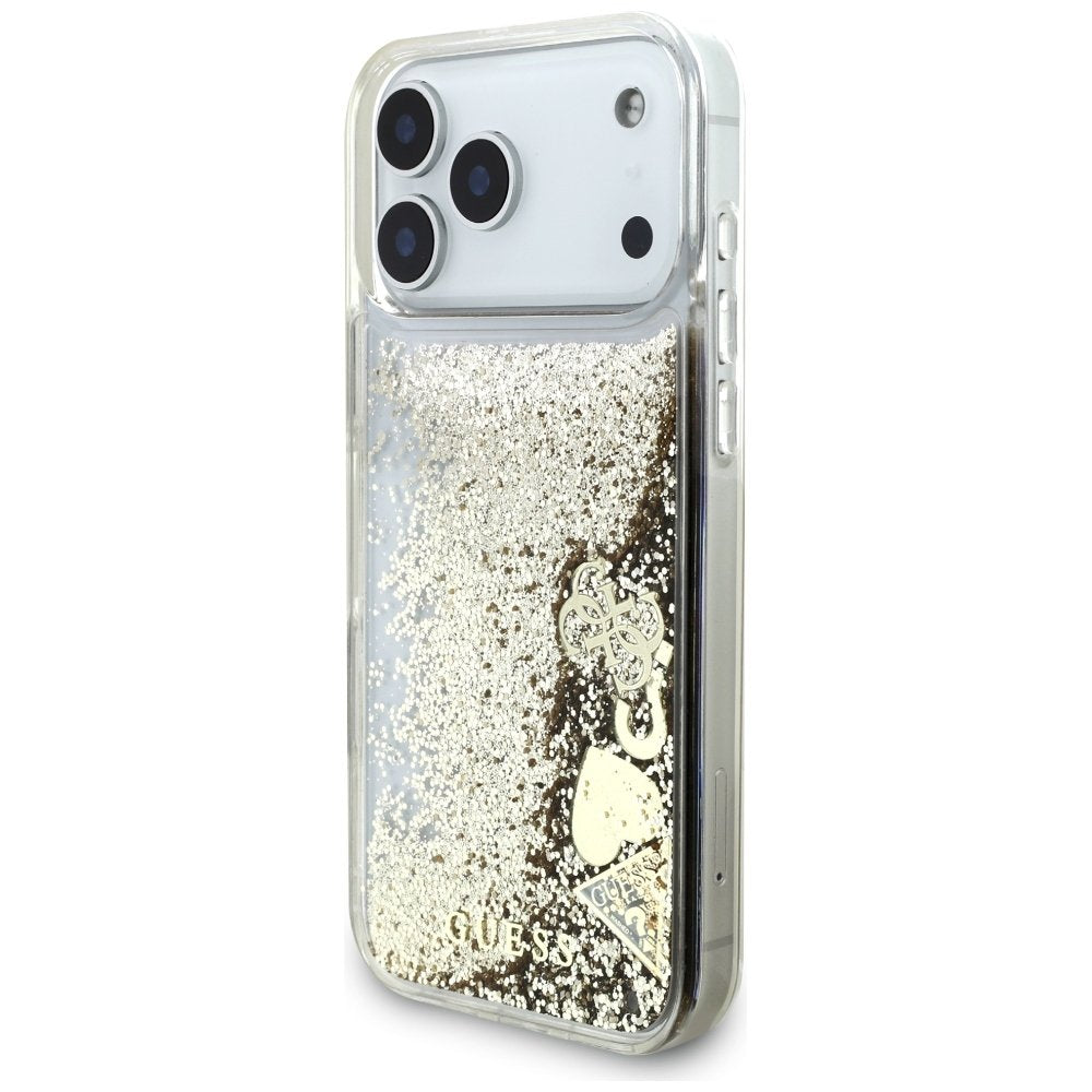 Guess Liquid Glitter 4G piekariņu futrālis iPhone 18 Pro / 17 Pro, zelta krāsā
