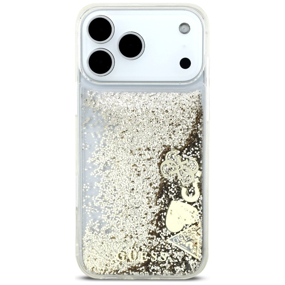 Guess Liquid Glitter 4G piekariņu futrālis iPhone 18 Pro / 17 Pro, zelta krāsā