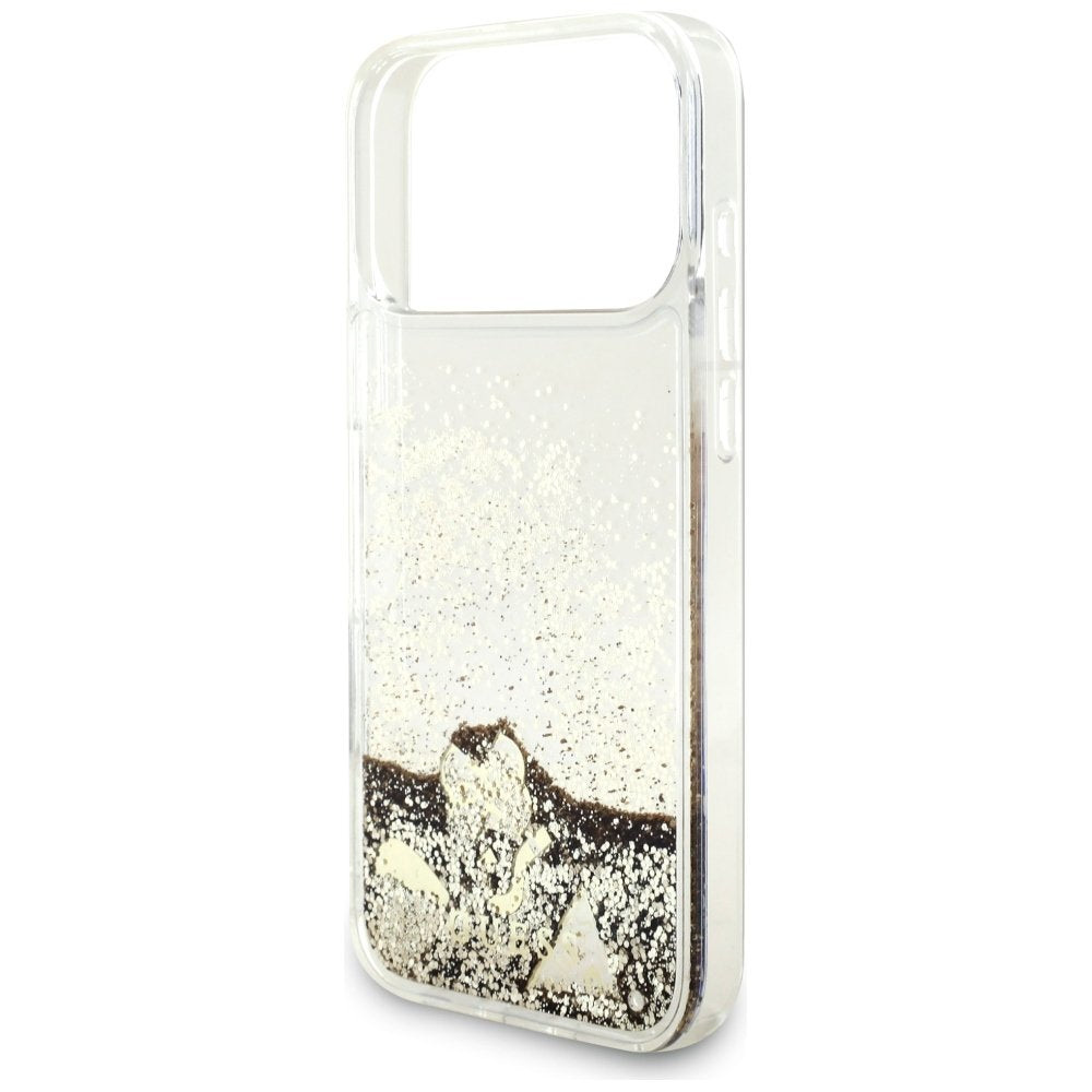 Guess Liquid Glitter 4G piekariņu futrālis iPhone 18 Pro / 17 Pro, zelta krāsā