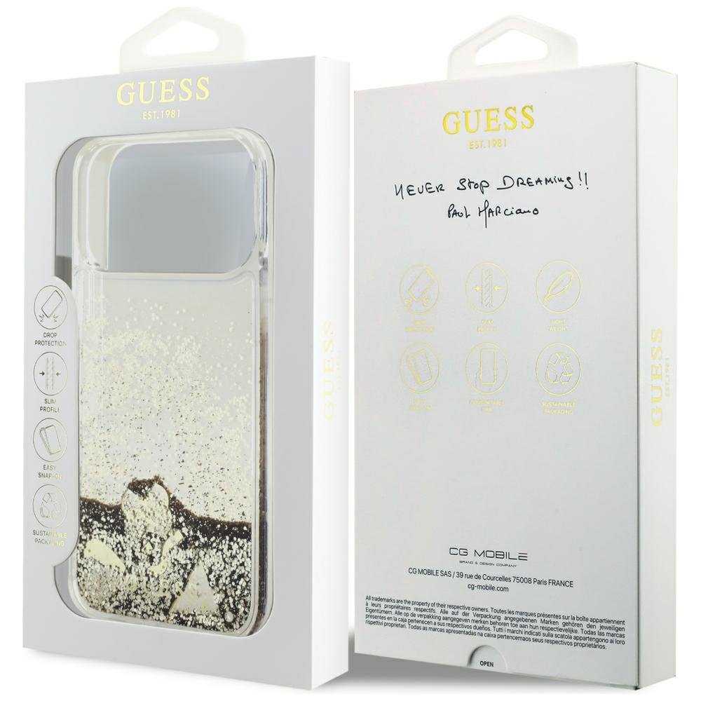 Guess Liquid Glitter 4G piekariņu futrālis iPhone 18 Pro / 17 Pro, zelta krāsā