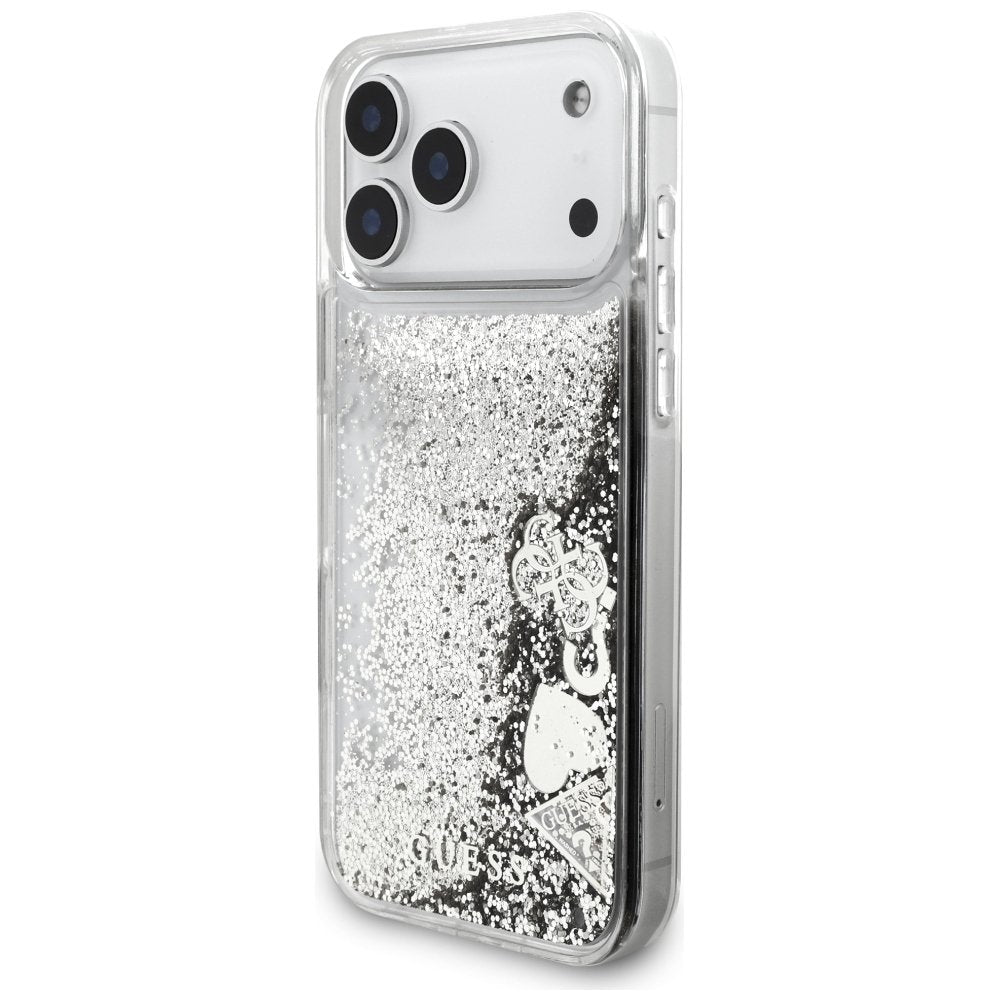 Guess Liquid Glitter 4G piekariņu vāciņš iPhone 18 Pro Max / 17 Pro Max, sudraba krāsā