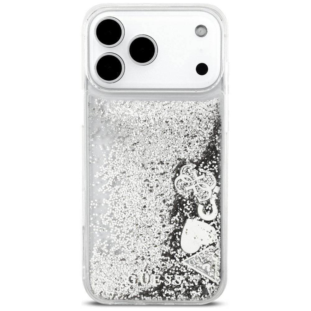 Guess Liquid Glitter 4G piekariņu vāciņš iPhone 18 Pro Max / 17 Pro Max, sudraba krāsā