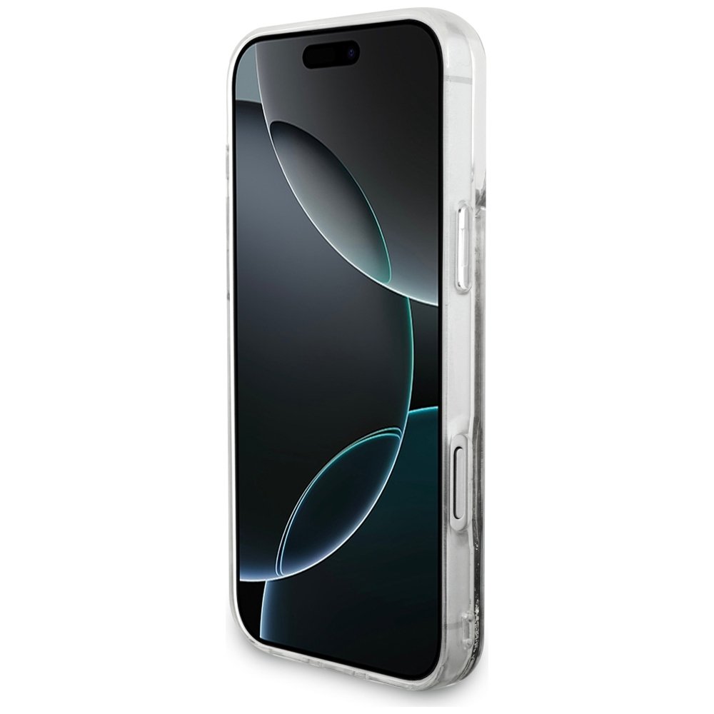 Guess Liquid Glitter 4G piekariņu vāciņš iPhone 18 Pro Max / 17 Pro Max, sudraba krāsā