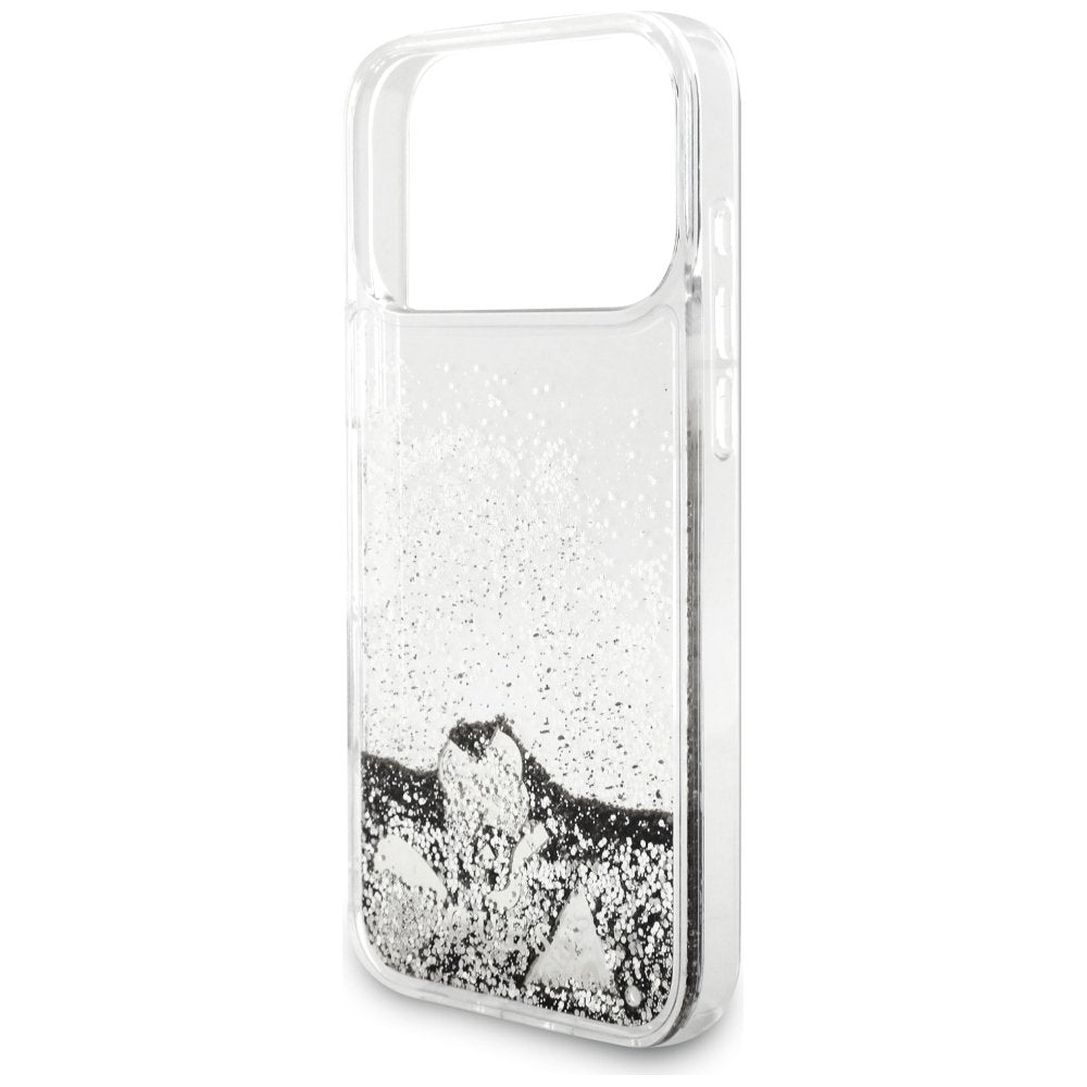 Guess Liquid Glitter 4G piekariņu vāciņš iPhone 18 Pro Max / 17 Pro Max, sudraba krāsā
