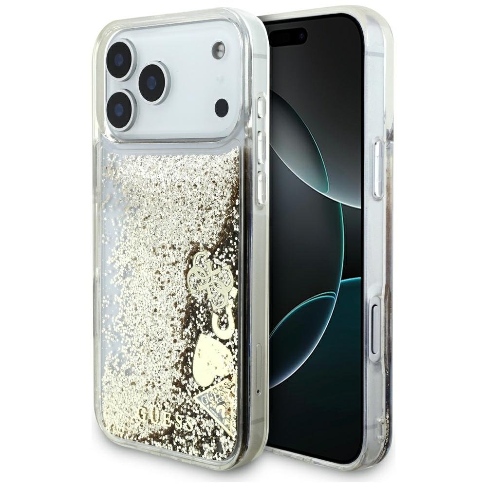 Guess Liquid Glitter 4G piekariņu vāciņš iPhone 18 Pro Max / 17 Pro Max, zelta krāsā