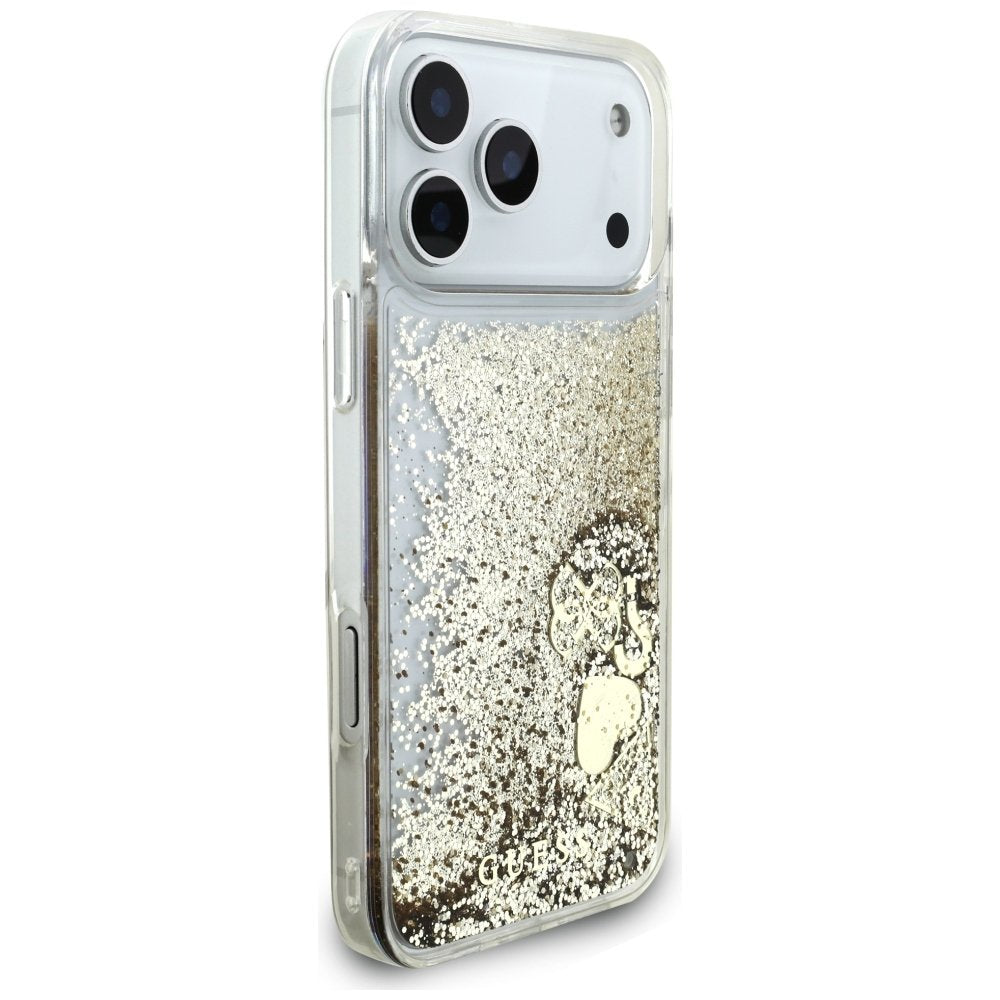 Guess Liquid Glitter 4G piekariņu vāciņš iPhone 18 Pro Max / 17 Pro Max, zelta krāsā